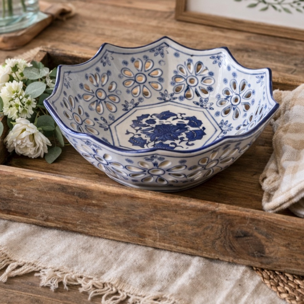 Chinoiserie Reticulated Scalloped Bowl. Blue | White | Porcelain | Floral. 10”
